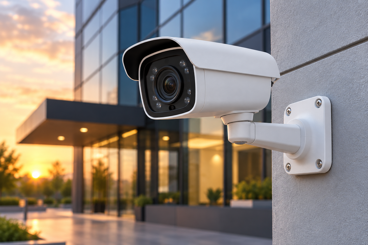 AI-generated concept of a white IP surveillance camera mounted on a building wall