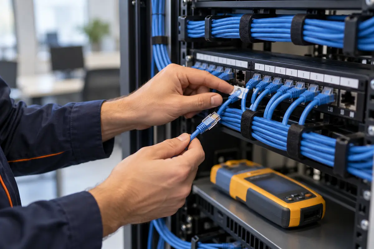 AI-generated Equipment concept of hands inspecting a labelled Ethernet patch cord and patch panel