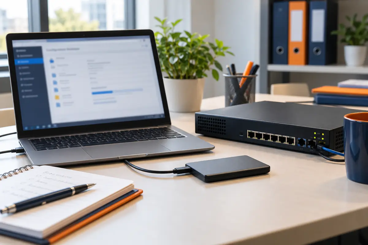 AI-generated Equipment concept of a firewall appliance, laptop and external storage for configuration backup