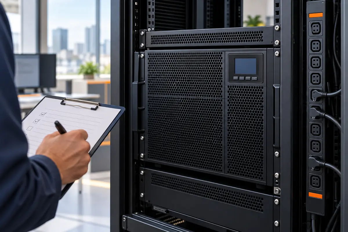 AI-generated Equipment concept of a UPS front panel, ventilation and rack PDU during a status review