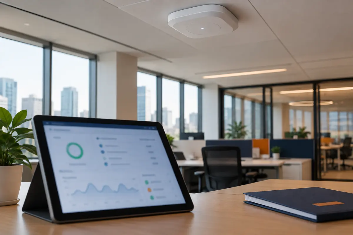 AI-generated Equipment concept of a ceiling WiFi access point with a tablet showing a generic monitoring interface