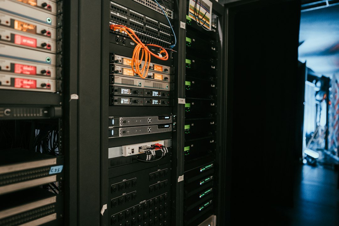 Office server rack with switches and structured cabling for LAN networking