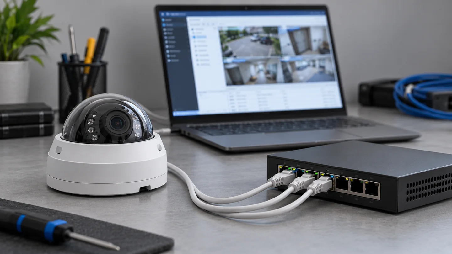 AI-generated concept: Network camera and PoE switch on a maintenance workbench