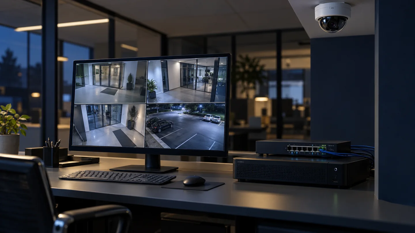 AI-generated concept: CCTV monitoring workstation with network switch and recorder