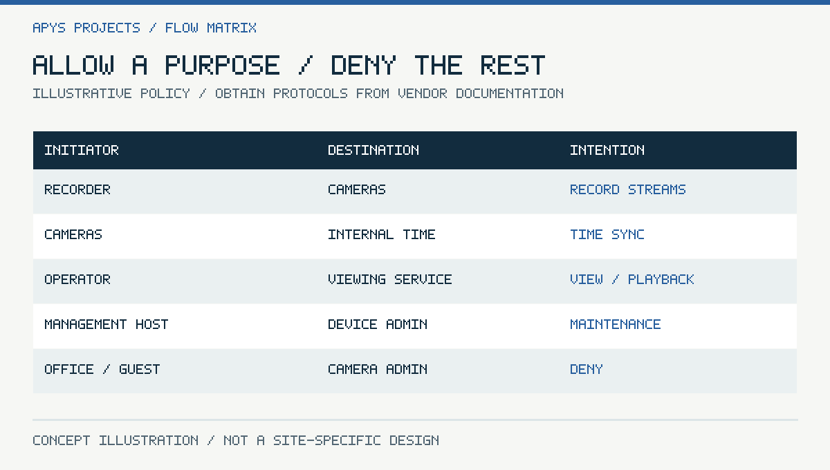 Allow a purpose / deny the rest. Illustrative policy / obtain protocols from vendor documentation. Original conceptual technical illustration.