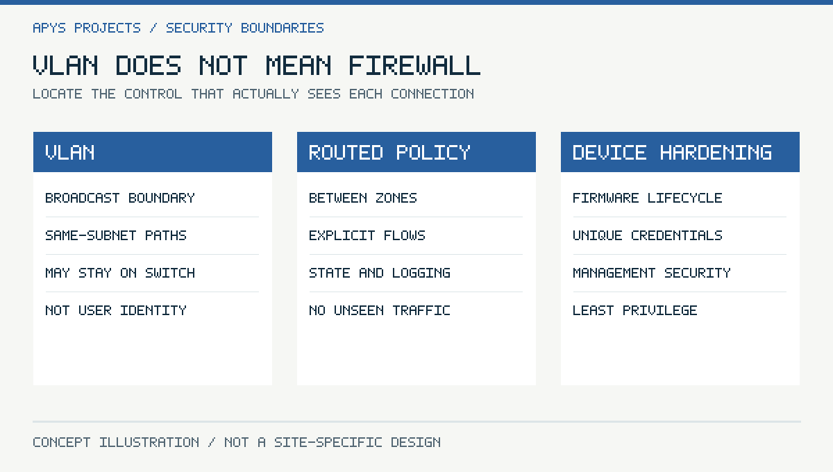 Vlan does not mean firewall. Locate the control that actually sees each connection. Original conceptual technical illustration.