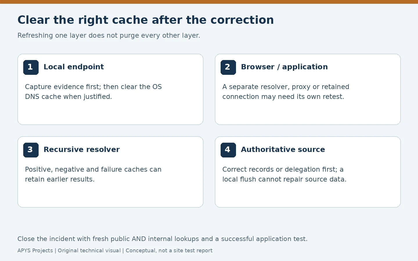 DNS recovery checks across endpoint, application, recursive resolver and authoritative source