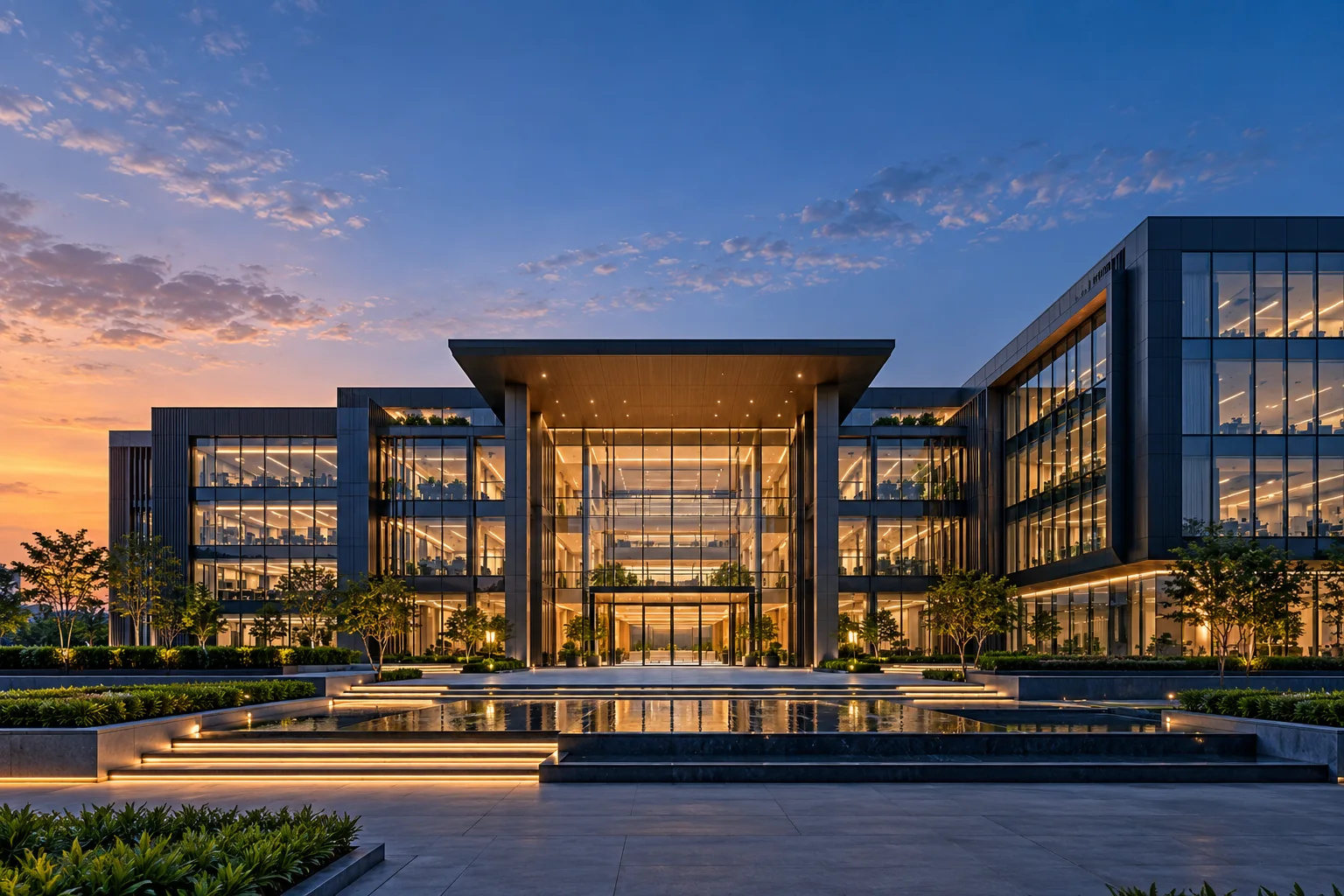 AI-generated concept of a modern glass commercial campus at dusk