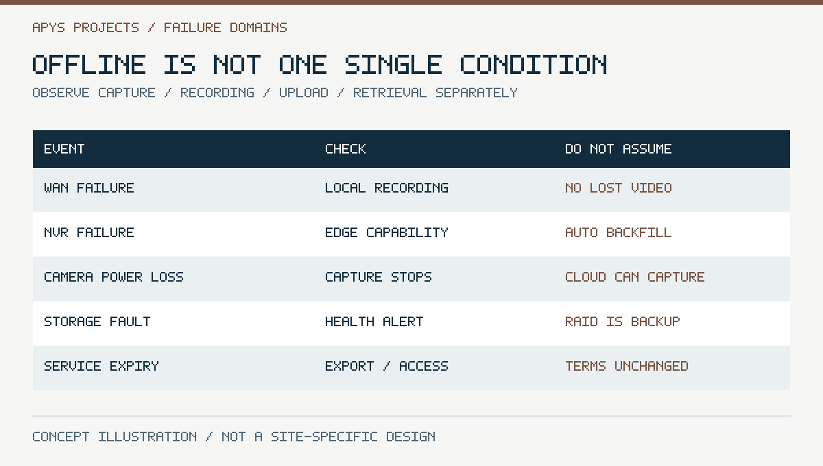 Offline is not one single condition. Observe capture / recording / upload / retrieval separately. Original conceptual technical illustration.