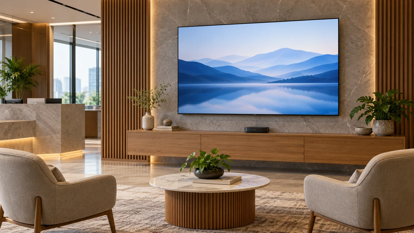 AI illustration of an office reception display with a compact IPTV receiver