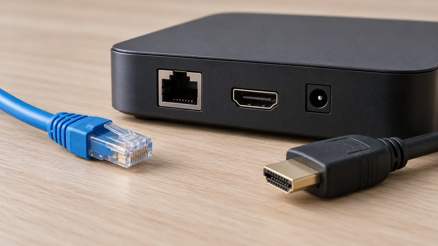AI illustration of an IPTV receiver with separate Ethernet, HDMI and power sockets