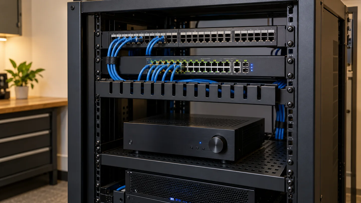 AI illustration of a tidy office AV rack with a patch panel, network switch and AV receiver