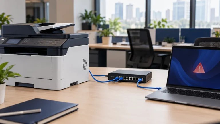 AI-generated concept of an office printer and laptop connected to an Ethernet switch