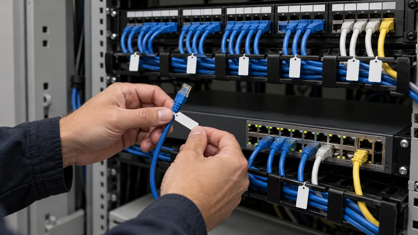 AI-generated concept of a technician labelling an Ethernet patch lead beside a network cabinet