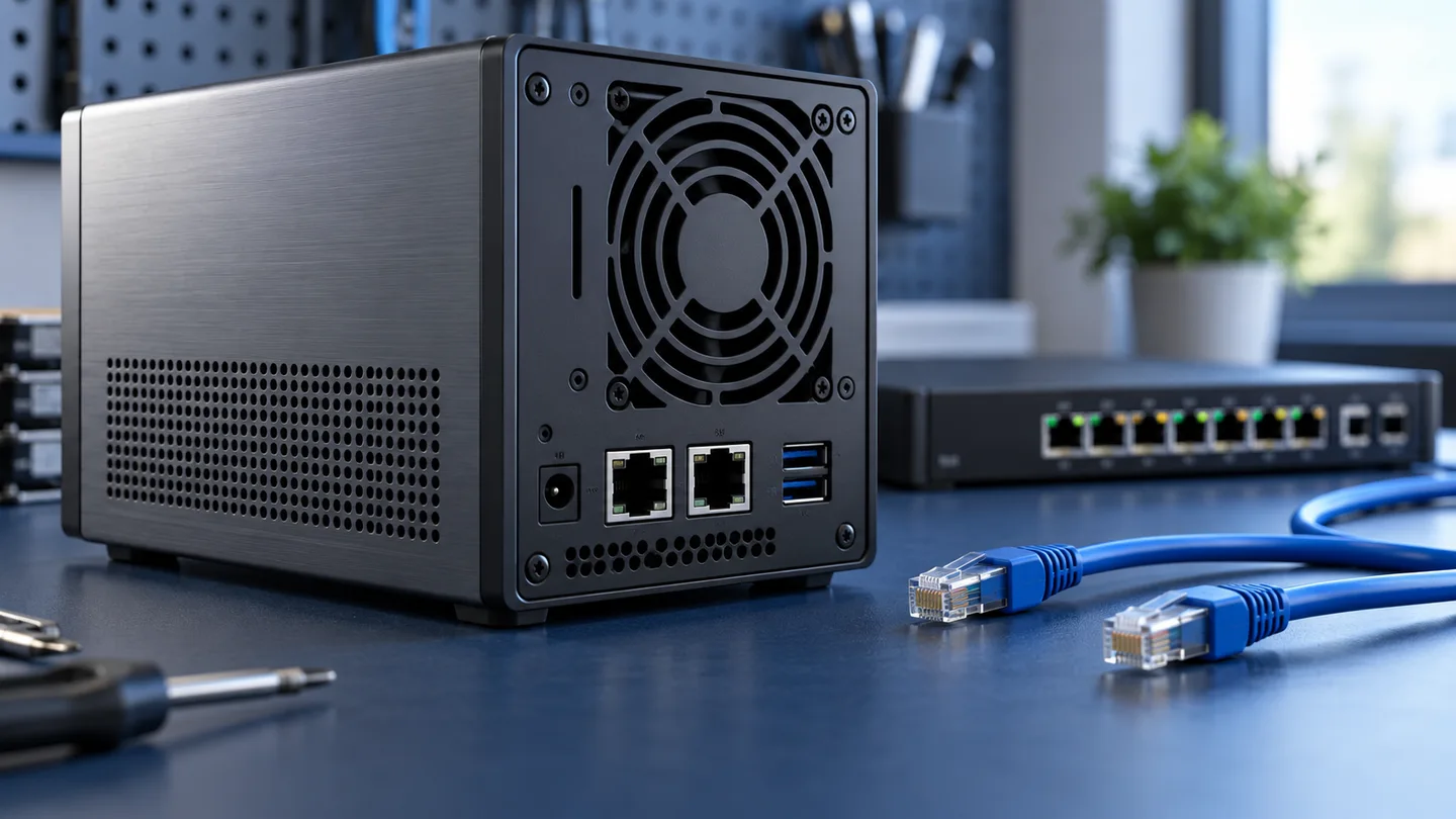 AI illustration of a dual Ethernet NAS beside a managed switch and two blue patch leads
