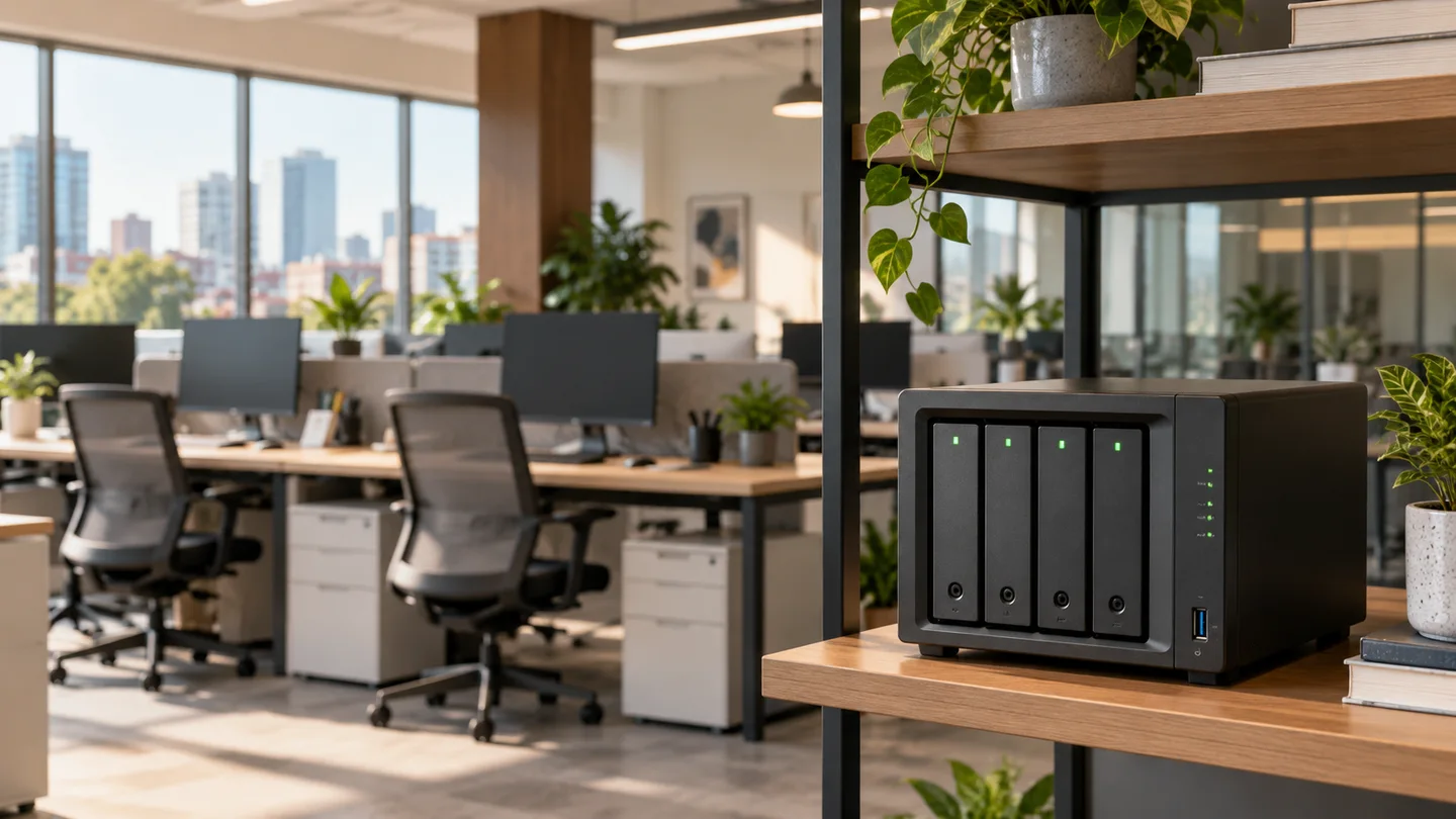 AI illustration of shared NAS storage in an office with multiple workstations