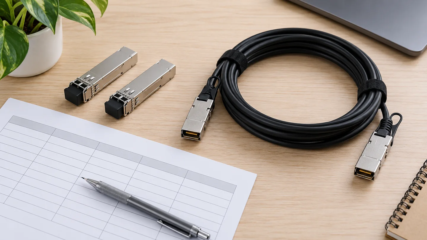 AI illustration of optical transceivers, a DAC cable and a blank port schedule