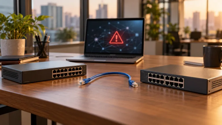 AI-generated concept of two Ethernet switches and a disconnected patch cable on an office troubleshooting desk