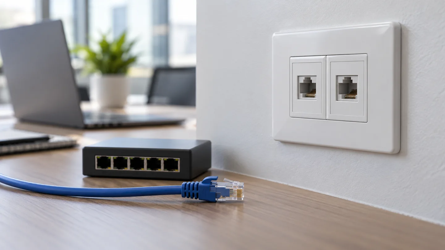 AI-generated concept of two data outlets beside a desk switch and disconnected patch lead