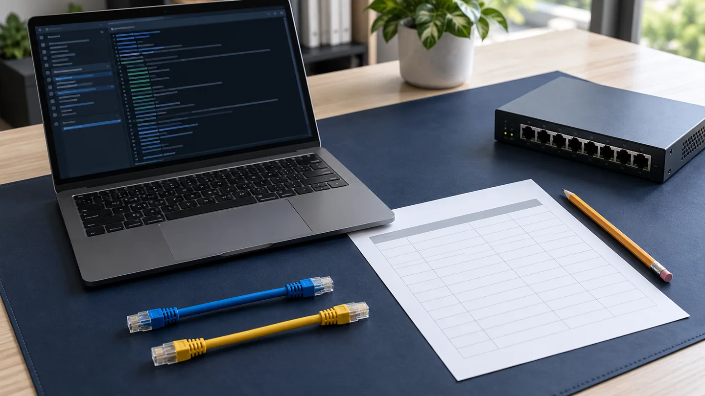 AI-generated concept of a network maintenance laptop, port schedule and separate patch leads