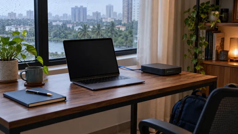 AI illustration of a remote-work laptop and network gateway beside a rainy window