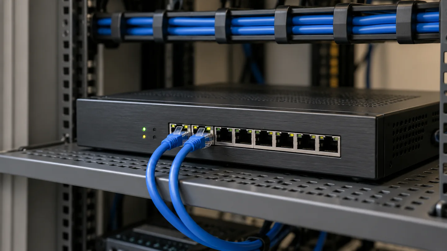 AI illustration of an office firewall appliance with two Ethernet leads in a network cabinet