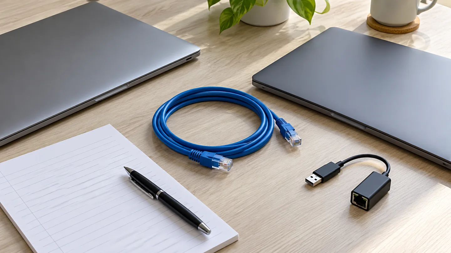 AI illustration of two laptops, an Ethernet adapter and a blank test log on an engineer's desk