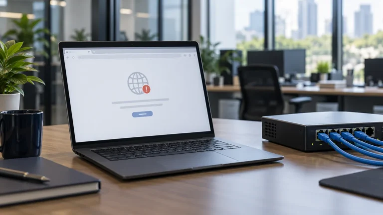 AI-generated concept of an office laptop with a browser error beside an Ethernet switch