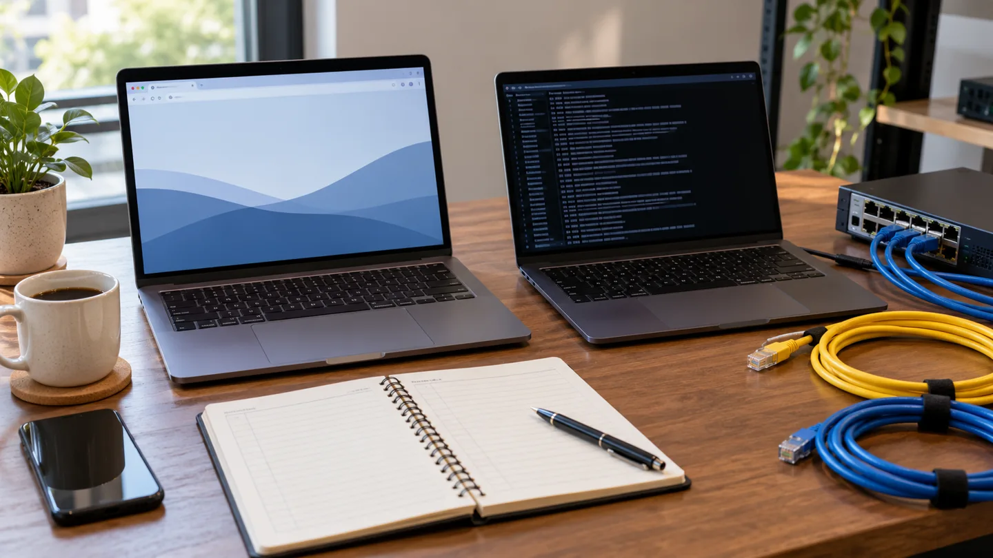 AI-generated concept of two office laptops comparing browser and diagnostic results