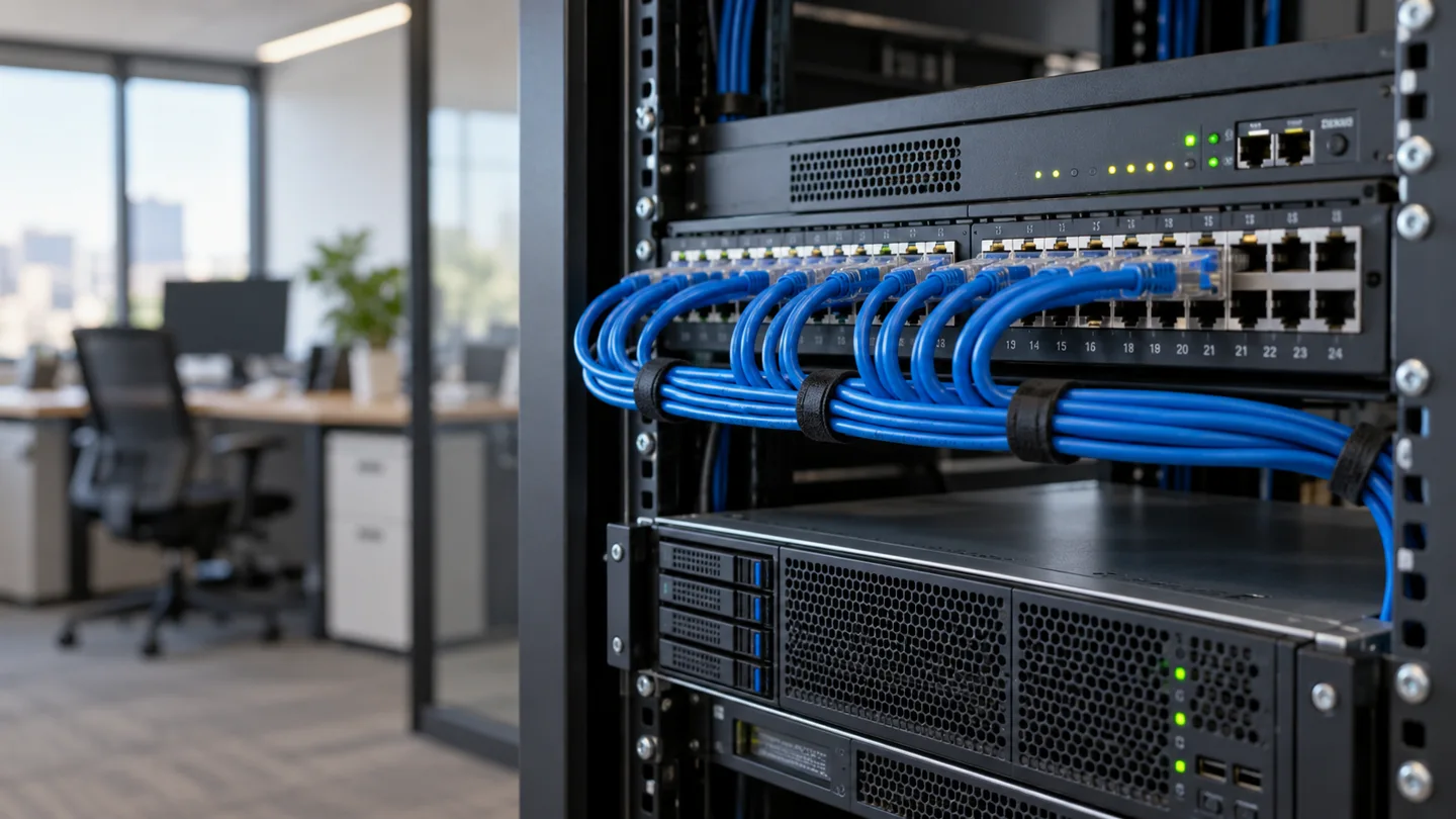 AI-generated concept of an office network rack and server