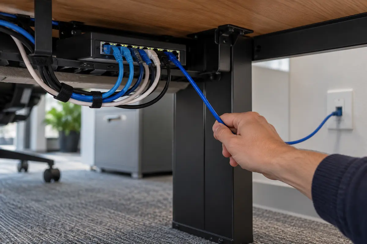 Small Ethernet switch under an office desk with a hand tracing its cable route