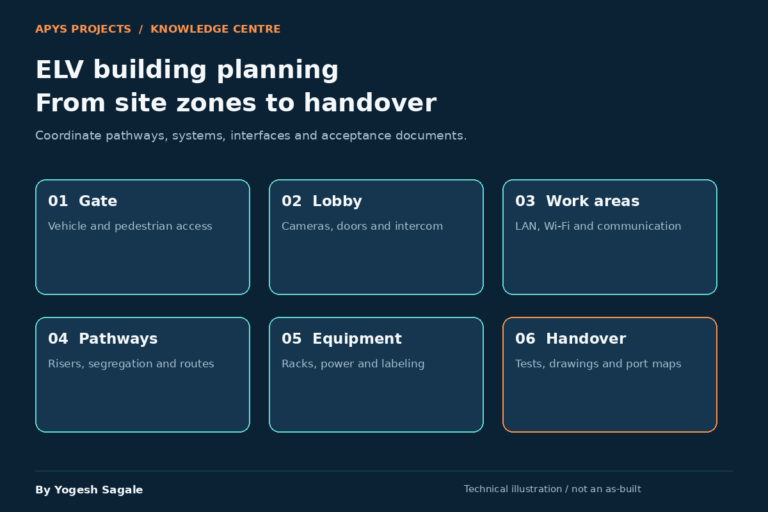 Six ELV planning areas: gate, lobby, work areas, pathways, equipment and handover