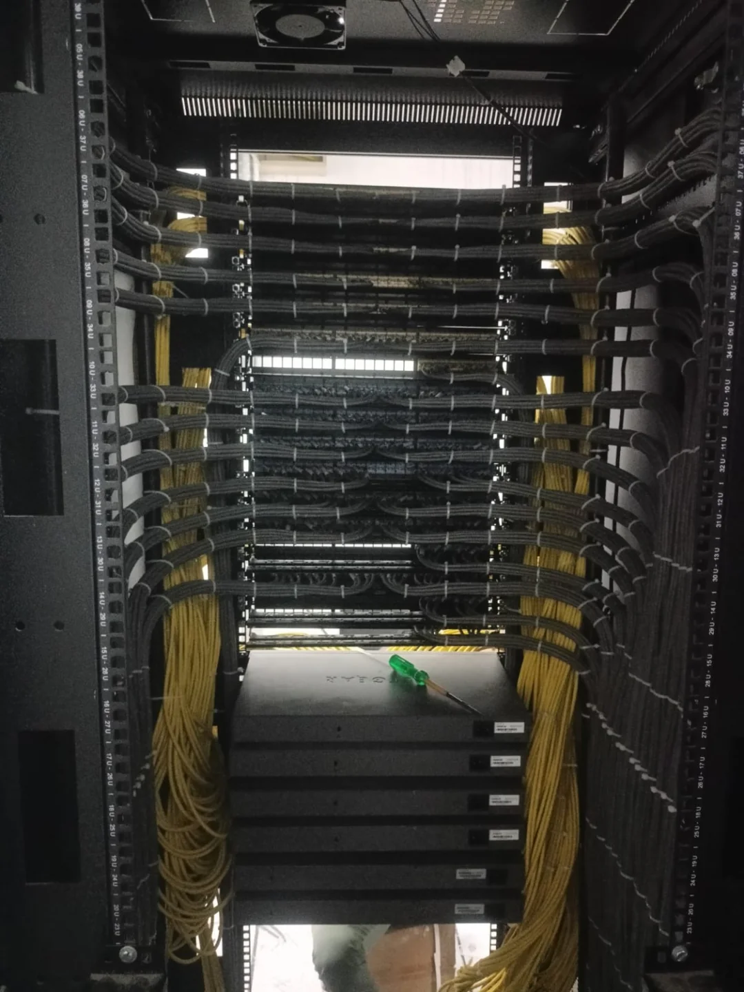 Rear overview of rack dressing with grey and yellow cable routes at Group Surya, Indapur