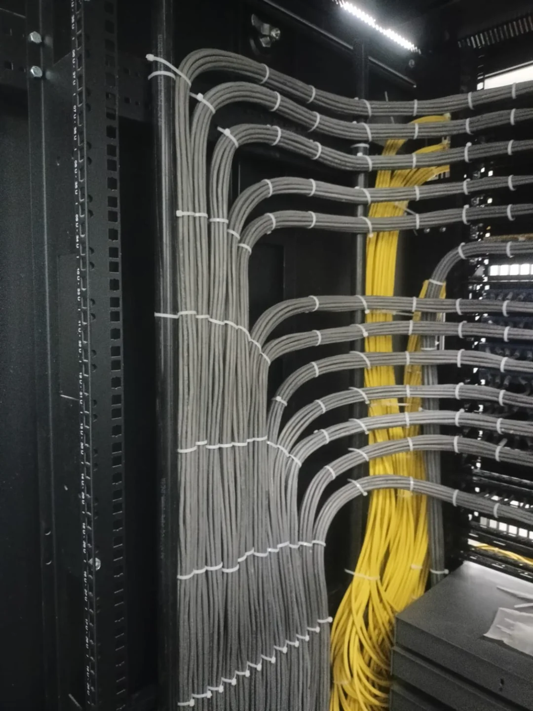 Side view of routed grey and yellow cable bundles inside the Group Surya rack