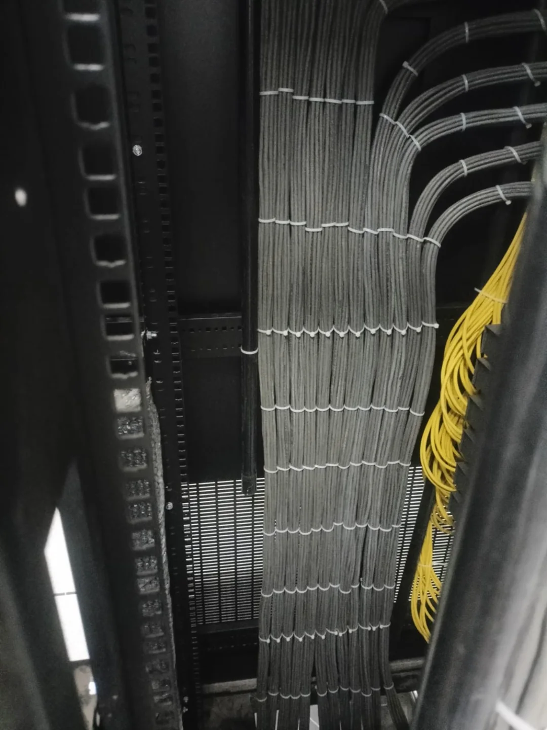 Vertical grey cable bundles secured along the side of the rack at Group Surya, Indapur