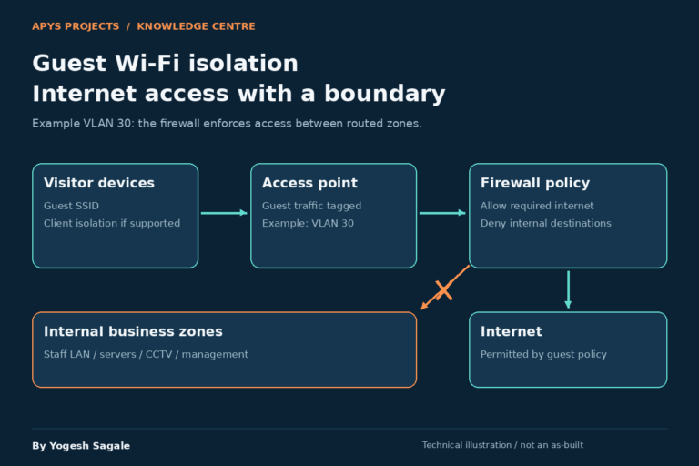 Guest devices use an access point and VLAN 30; firewall permits internet access and blocks internal business zones