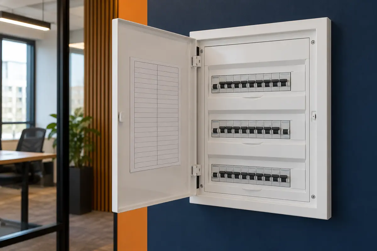 Office distribution board with protective covers and circuit schedule space