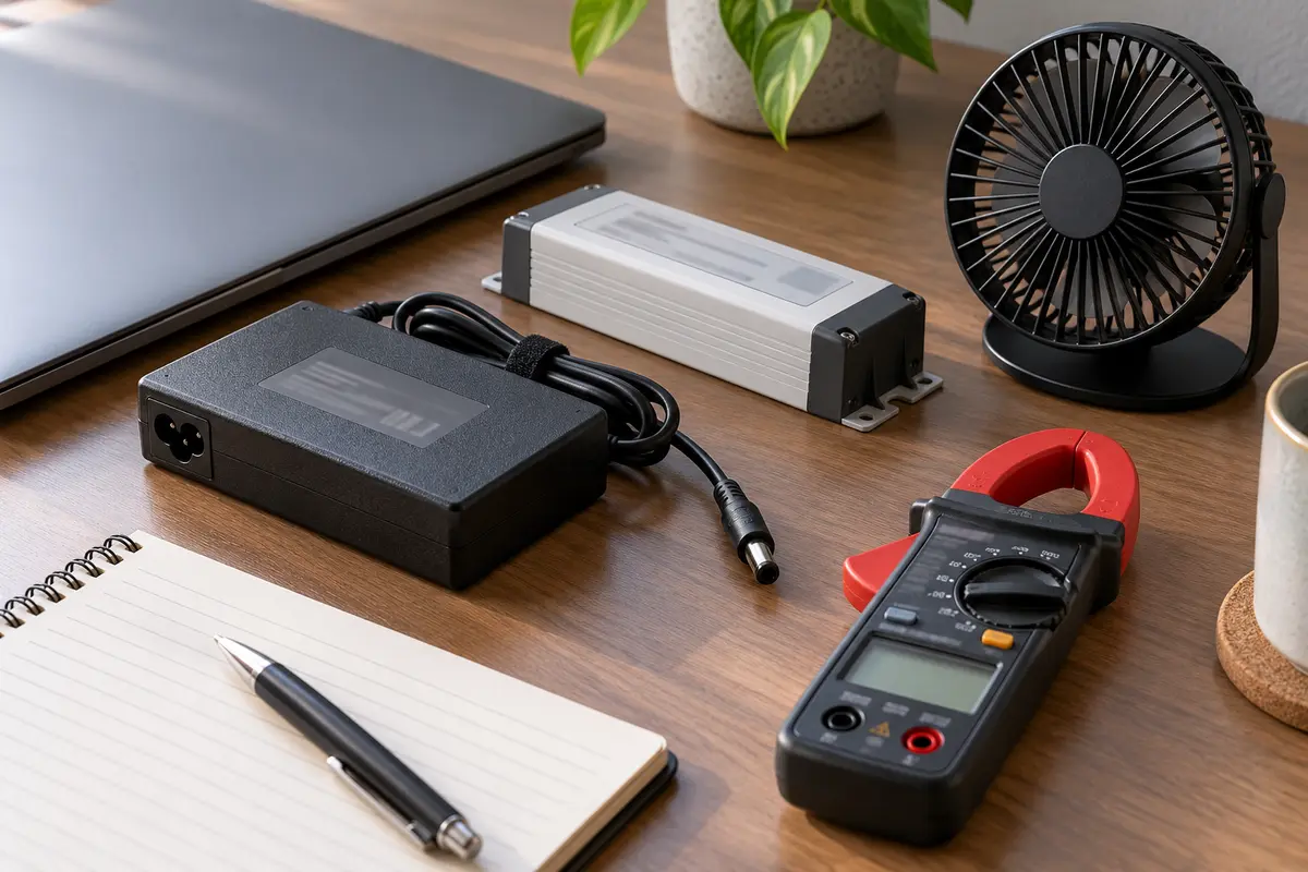 Enclosed electrical equipment and a clamp meter on a desk