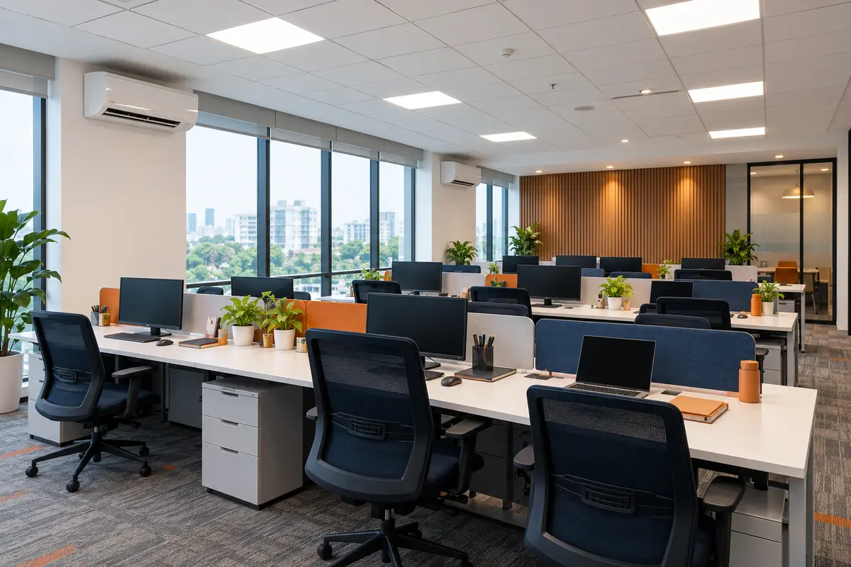 Office workstations, LED ceiling lights and split air conditioning