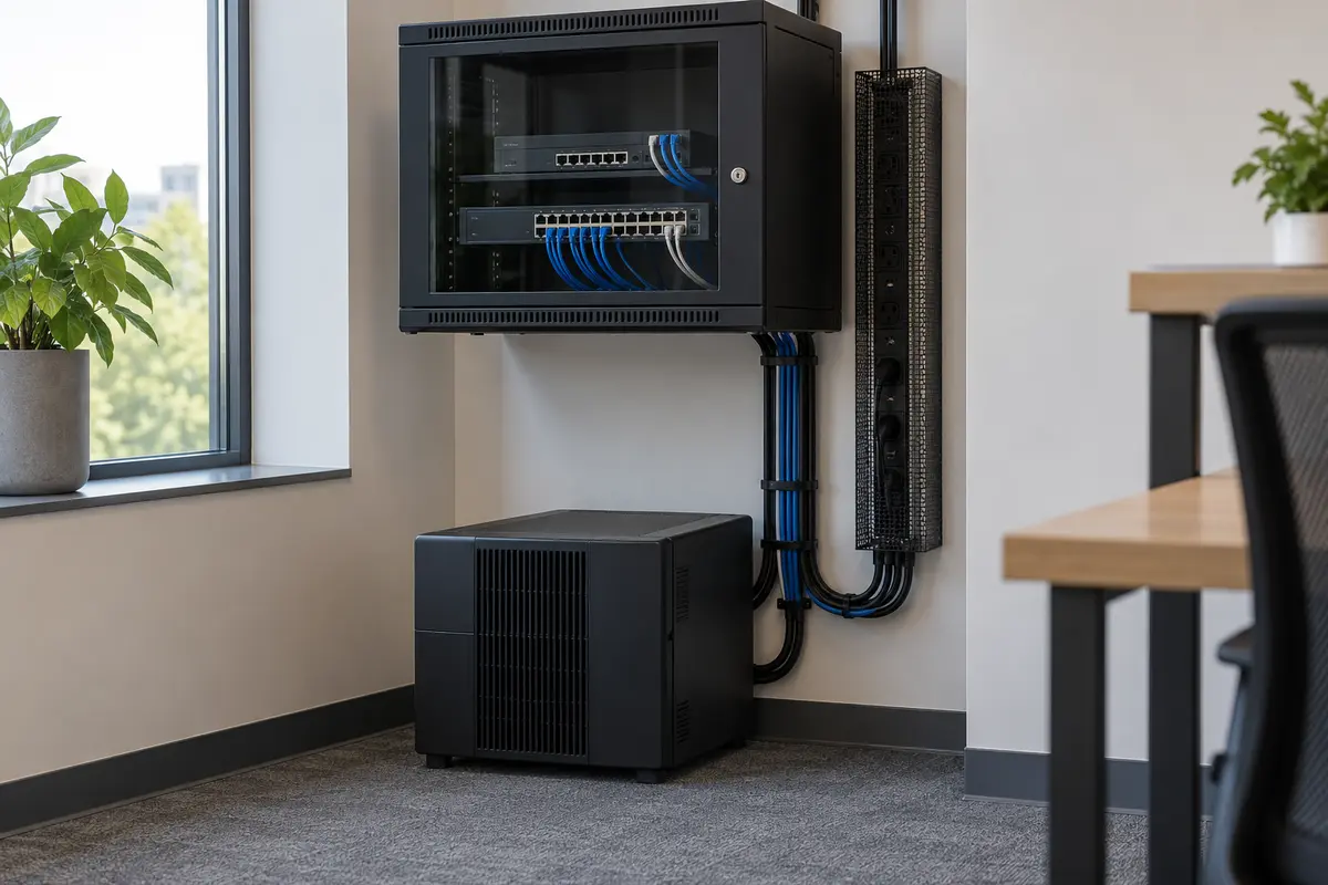UPS beside a compact enclosed office network cabinet