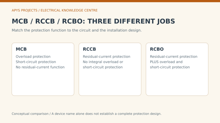 Comparison of MCB overcurrent protection, RCCB residual-current protection and RCBO combined protection.