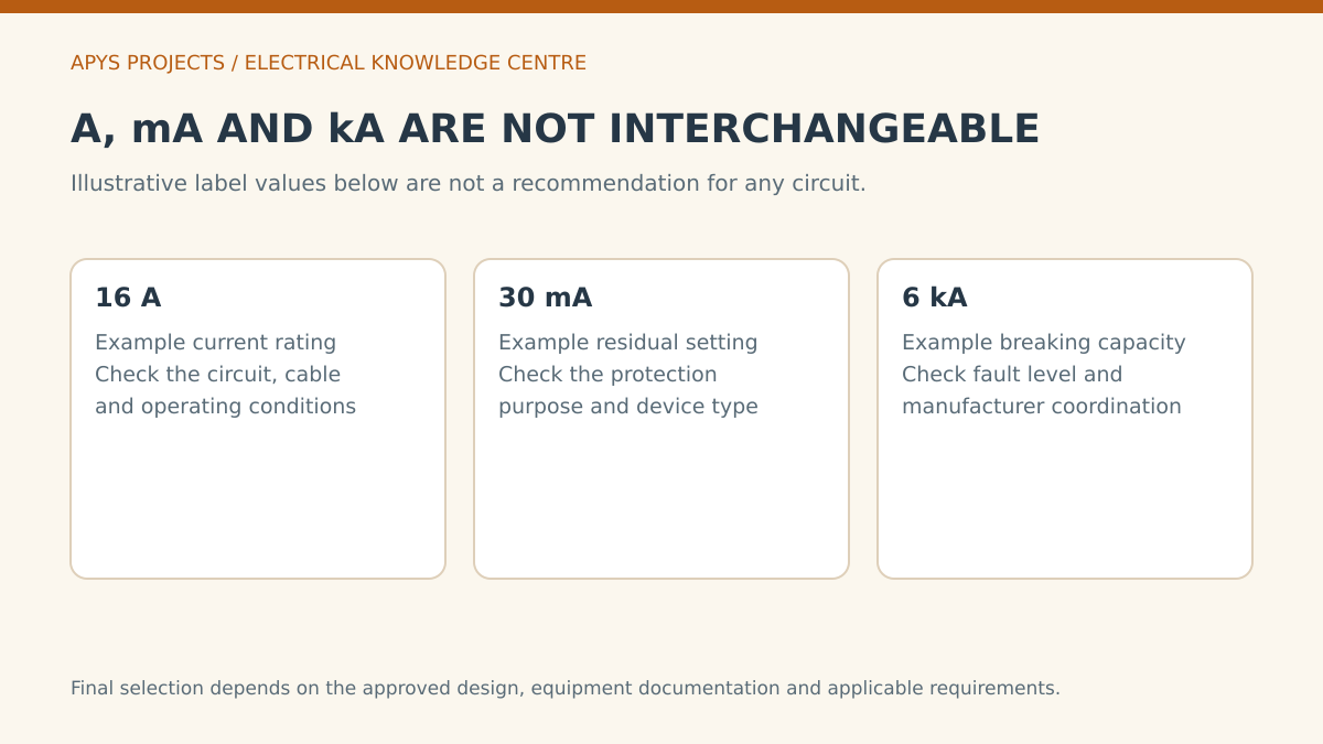 Three distinct protective device label quantities: amperes, milliamperes and kiloamperes, with illustrative values.