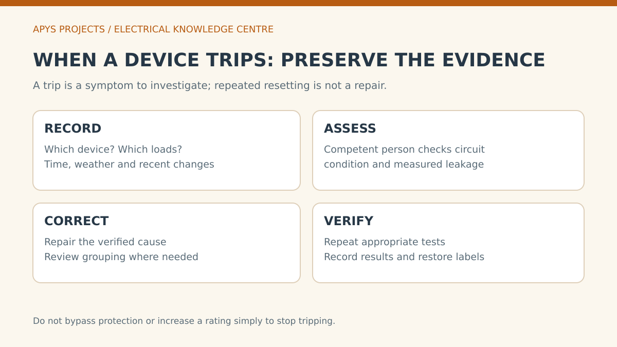 A four-stage investigation workflow for nuisance tripping: record, assess, correct and verify.