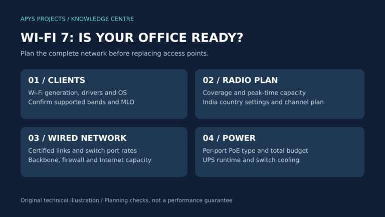 Wi-Fi 7 office readiness overview: clients, radio plan, wired network and power.